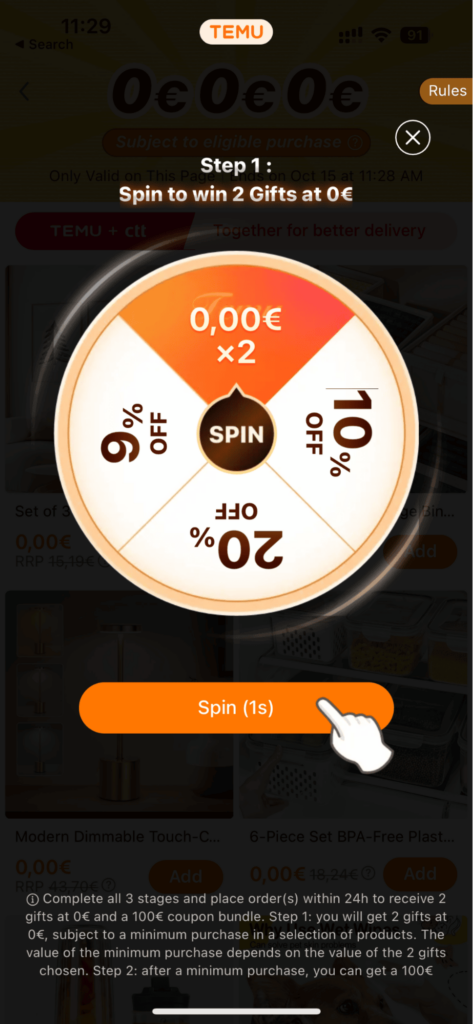 Temu spinning wheel lottery screenshot