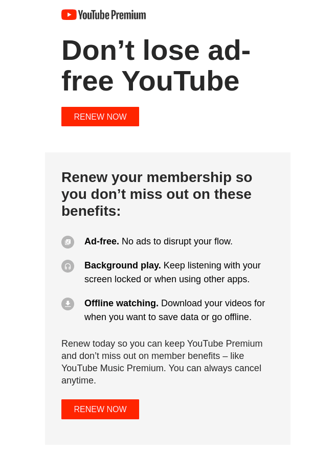 YouTube payment reminder screenshot