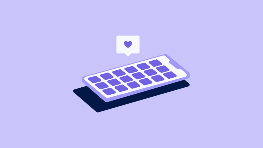 Digital customer experience article creative - a pone with apps in light violet with a floating heart