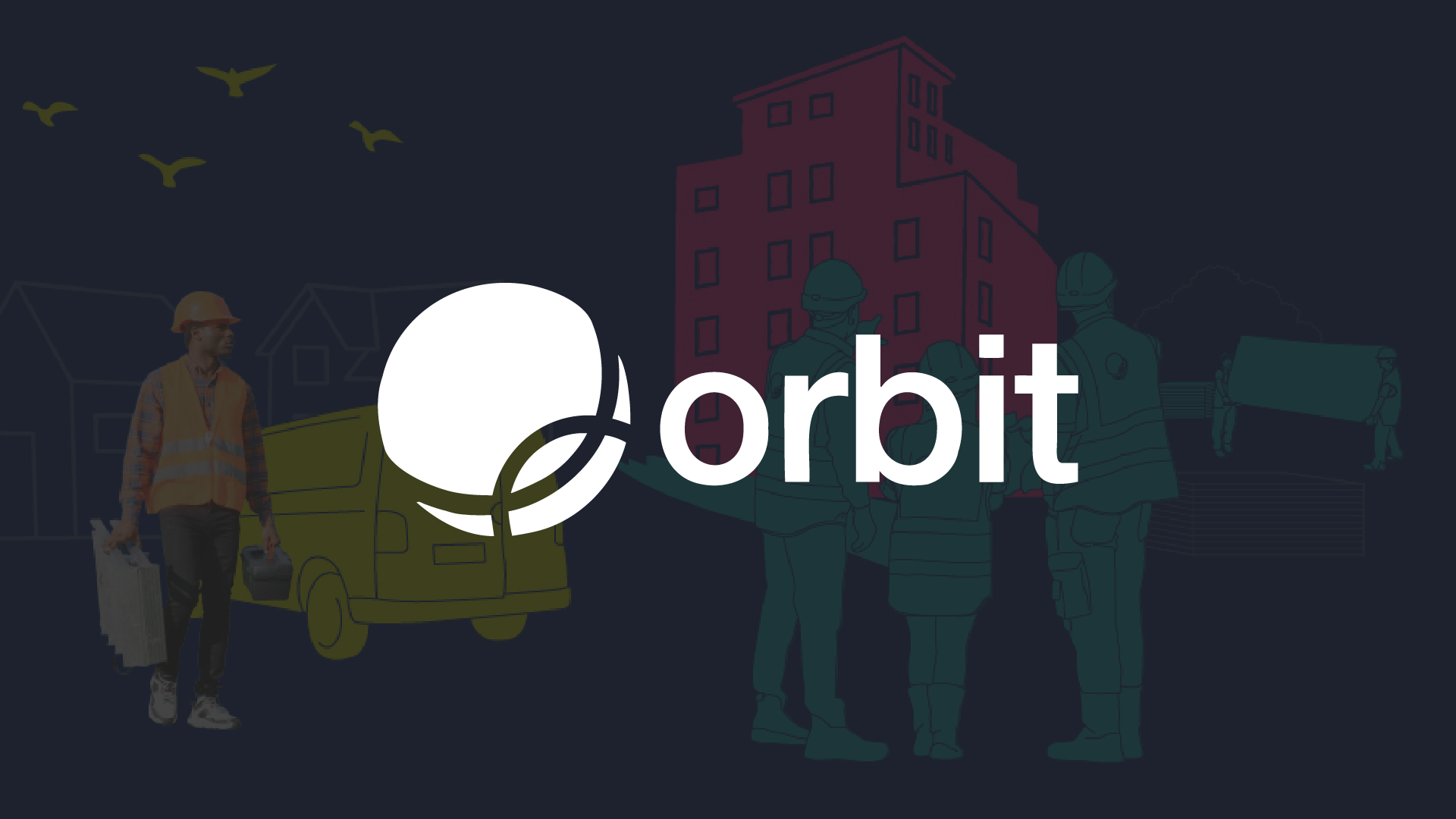 Orbit Group logo over a dark blue background with people, houses, and community-themed illustrations.