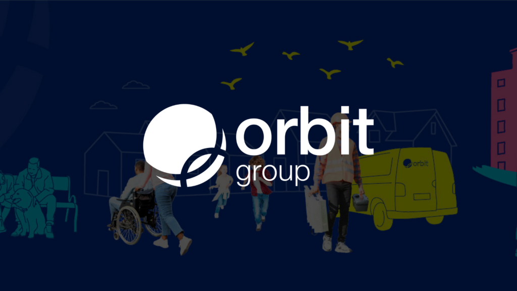 Orbit Group logo over a dark blue background with people, houses, and community-themed illustrations.