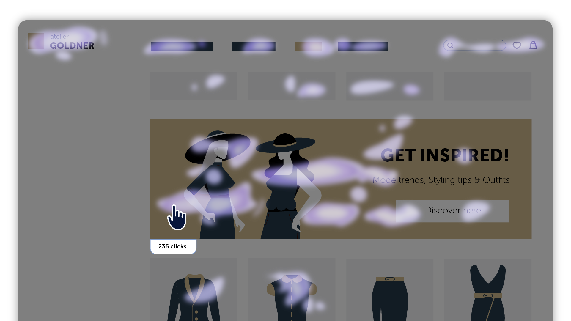 A heatmap of Goldner Fashion’s homepage after optimization, showing reduced clicks on non-clickable elements and improved user navigation.