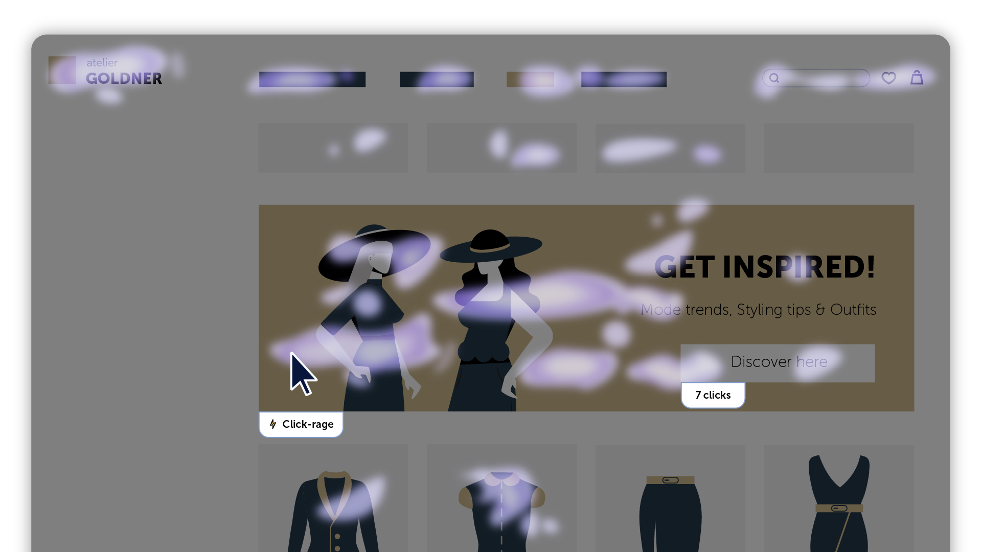 Website heatmap of atelier GOLDNER, showing user clicks and a click-rage event on a banner image.