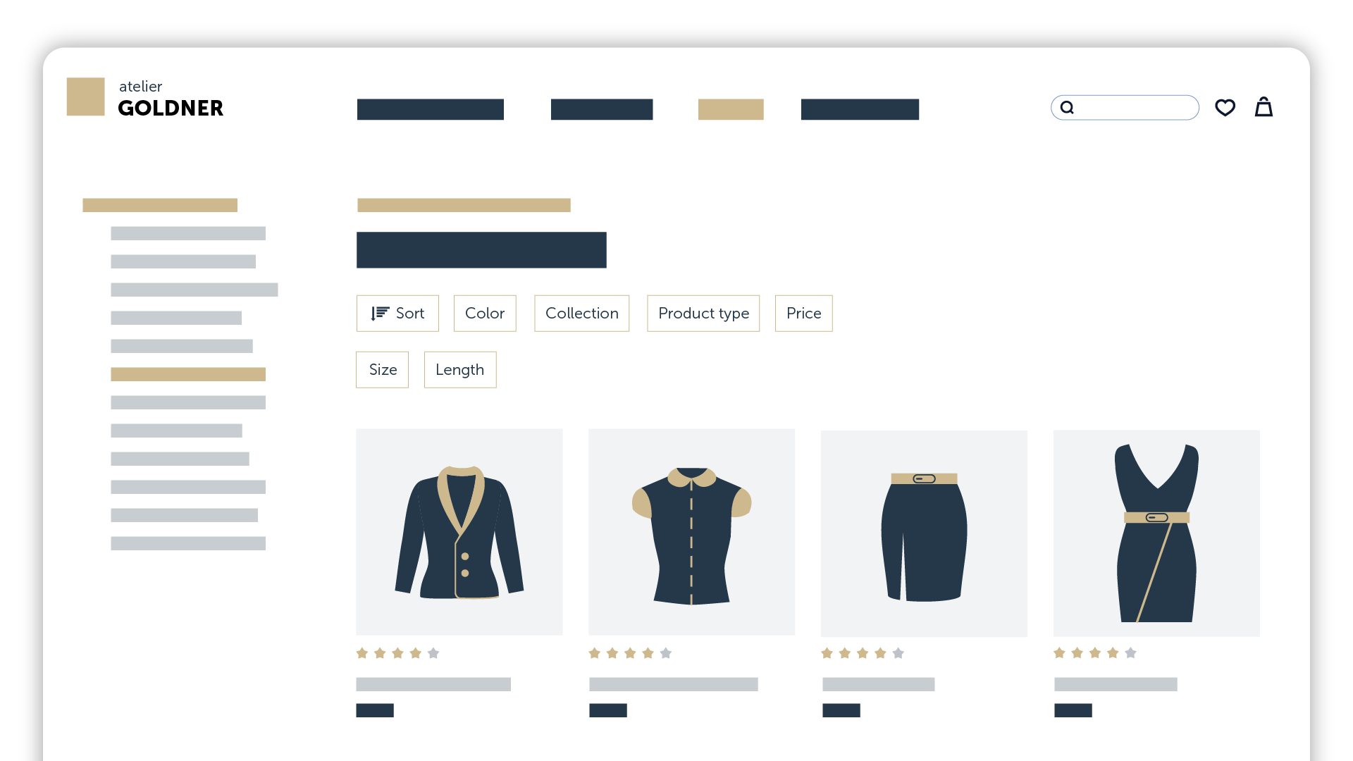 A product listing page on Goldner Fashion’s website with complex filter options, making it harder for users to refine their search efficiently.