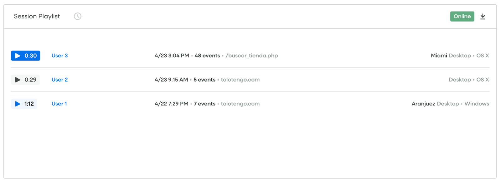 Screenshot of Fullstory Recording Playlist
