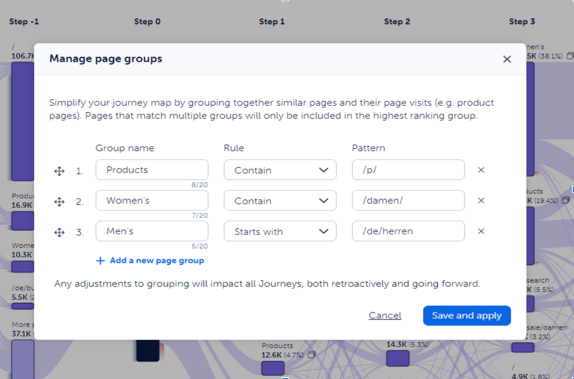 And example of managing page group in Mouseflow User Journey Mapping