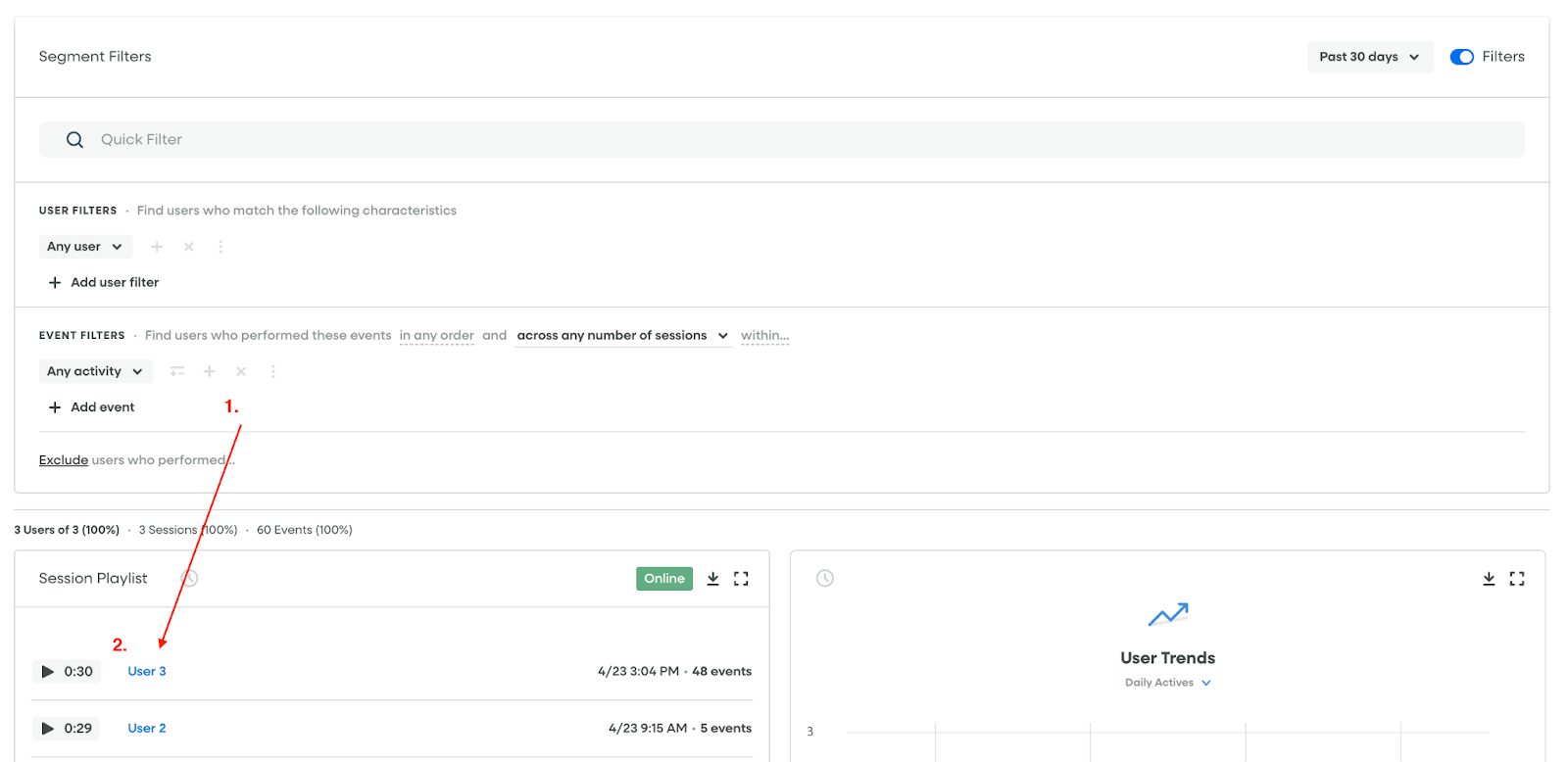 Screenshot of Segment Filtering in Fullstory