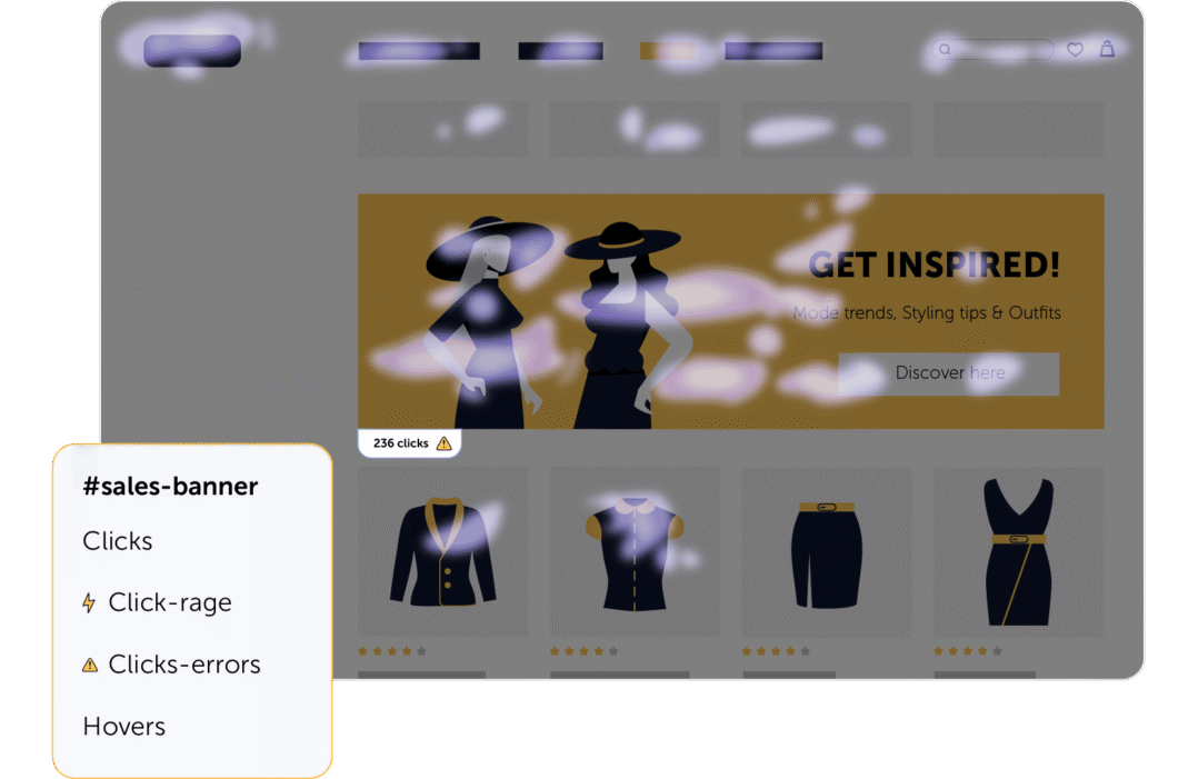 An e-commerce homepage with a heatmap over a large sales banner, showing 236 clicks and a data box with clicks, rage-clicks, click-errors, and hovers tracked for the banner element.