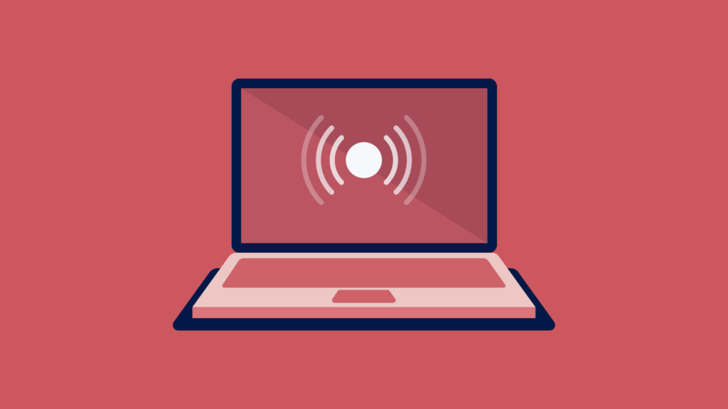 Graphic in read showing a computer and interaction symbol in middle