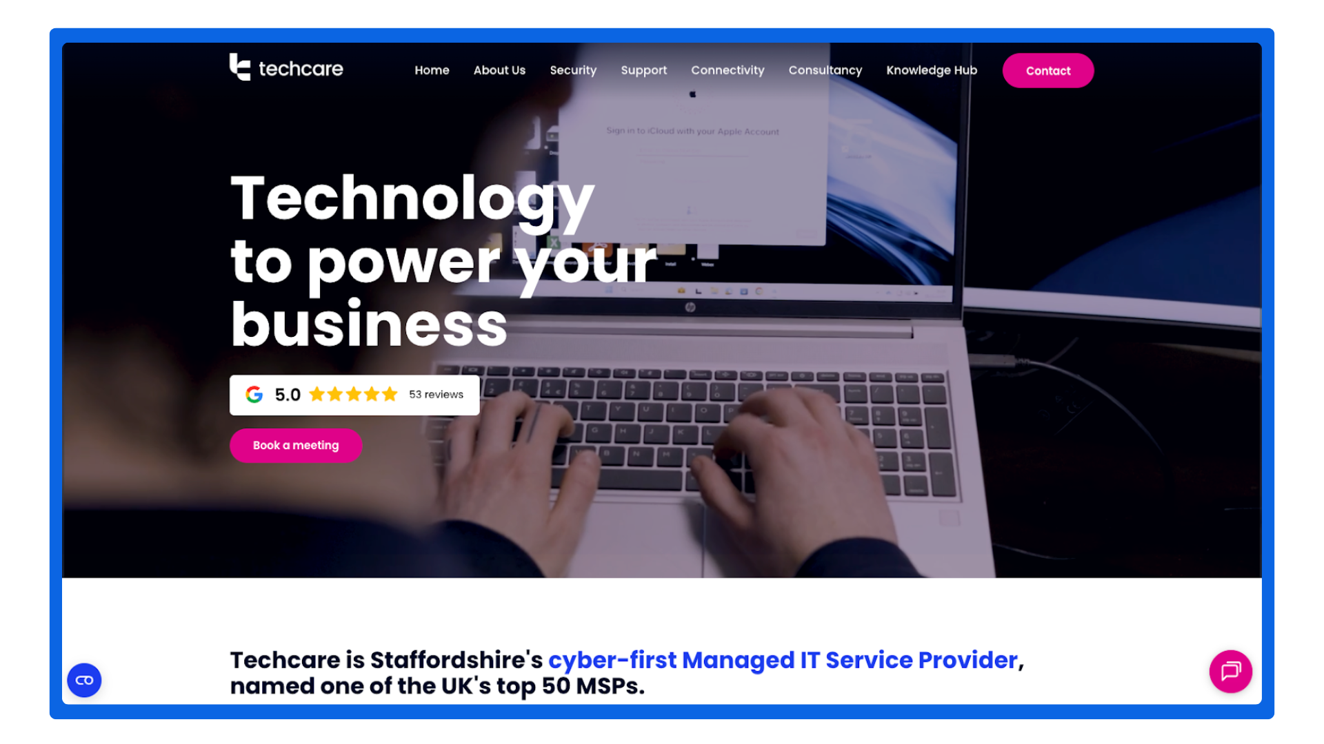 Techcare’s Homepage after changing to a hero video, and adding About Us to the top bar