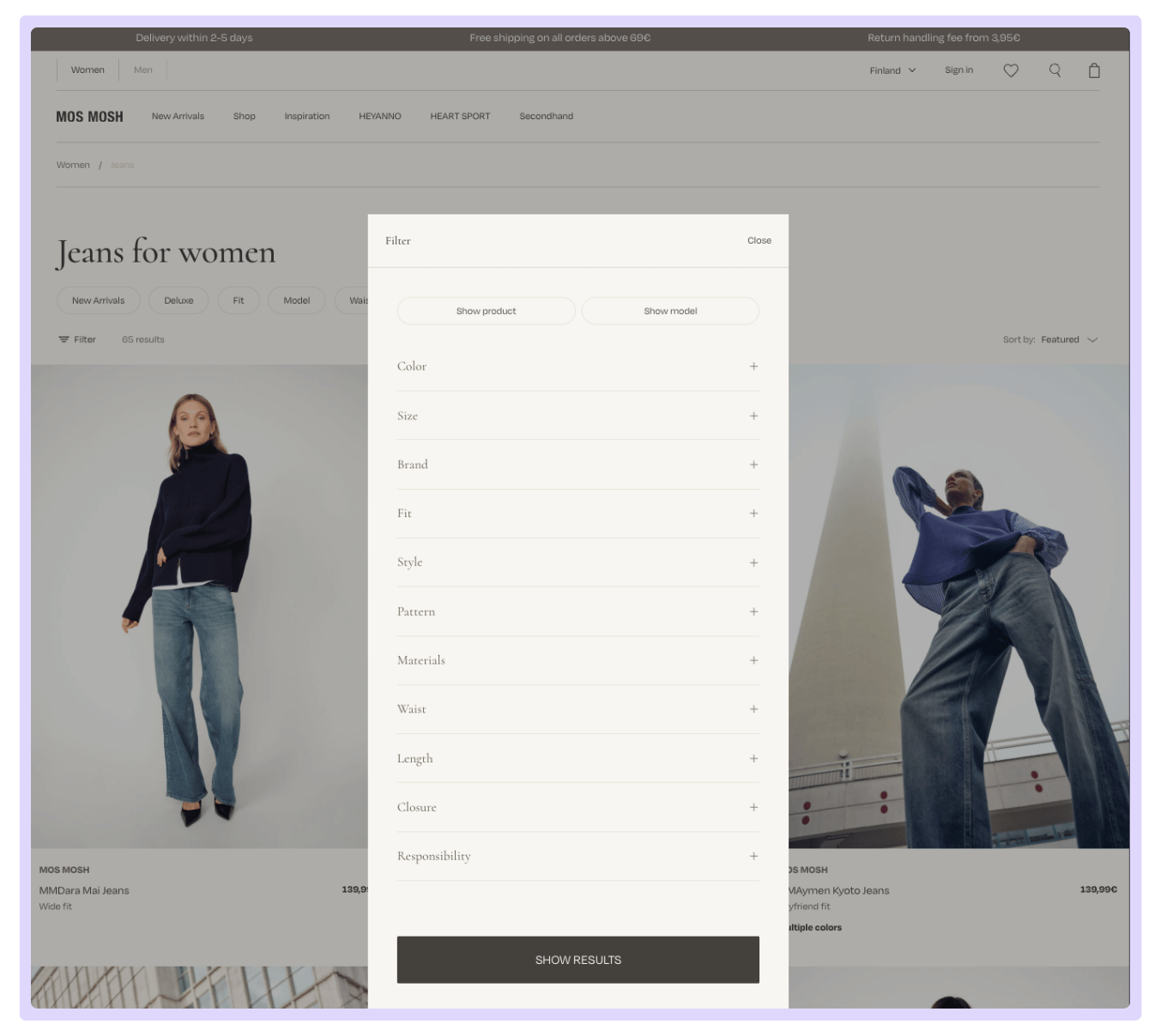 Active Filter Overlay on Mos Mosh's Product Listing Page