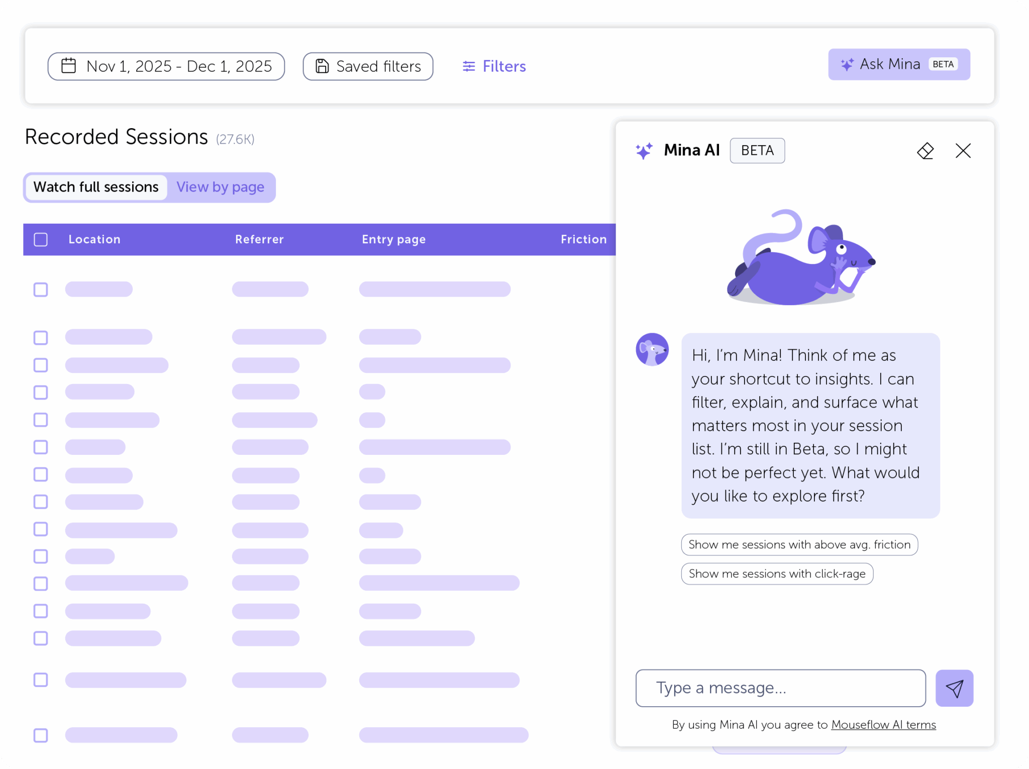 Visual illustration of Mouseflows AI engine Mina AI