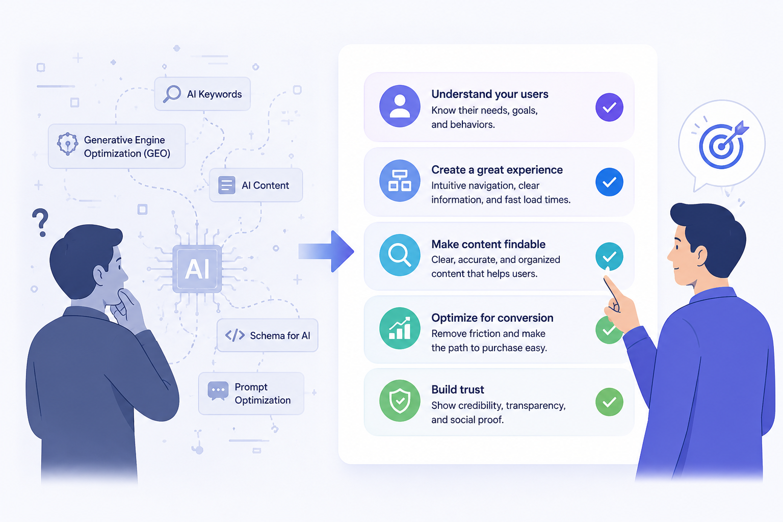 Illustration comparing scattered AI tactics on one side with user-focused ecommerce fundamentals on the other, highlighting the importance of usability, clarity, navigation, and conversion optimization.